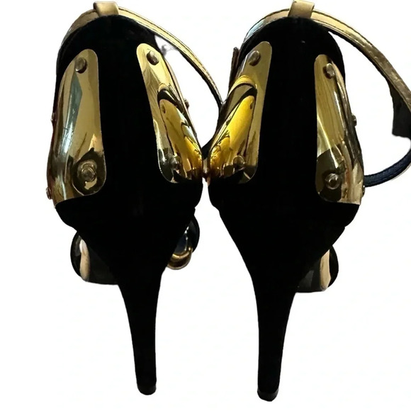 VENUS Black and Gold Strappy Stiletto Open Toe Heels With Ankle Strap - Picture 5 of 8